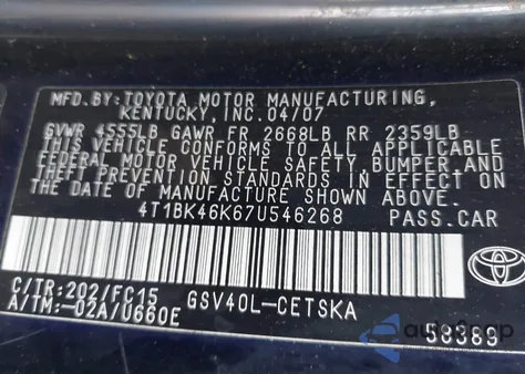 2007 Toyota Camry Se V6 from USA, damaged, VIN 4T1BK46K67U546268